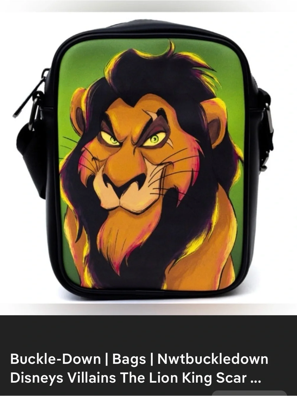 Black Crossbody Bag with Green Scar-Inspired Lion Artwork